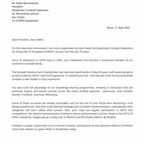 UEFA congratulated KFF with the Kazakh Football Day